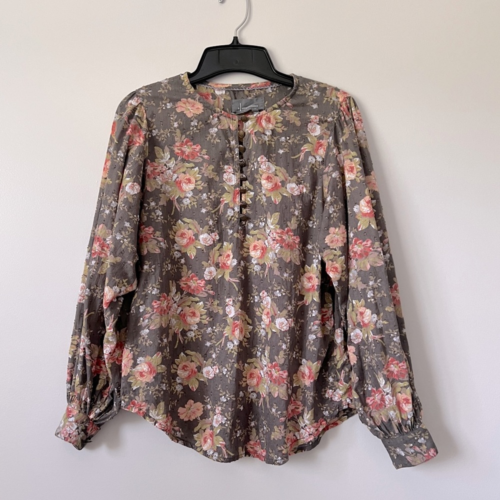 Anthropologie Long Sleeve Floral Blouse Size XS Button Metallic Fibers